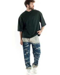 T-shirt Uomo Girocollo Boxy Fit Oversize Cotone Spalla Scesa Gola Alta Casual Basic Verde GIOSAL-TS3026A