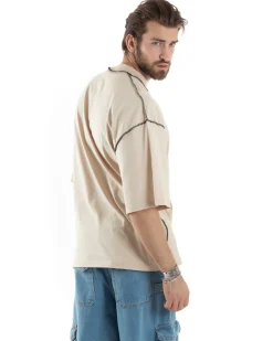 T-shirt Uomo Girocollo Boxy Fit Oversize Spalla Scesa Gola Alta Cuciture A Contrasto Cotone Beige GIOSAL-TS3034A