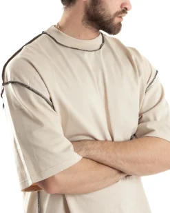 T-shirt Uomo Girocollo Boxy Fit Oversize Spalla Scesa Gola Alta Cuciture A Contrasto Cotone Beige GIOSAL-TS3034A