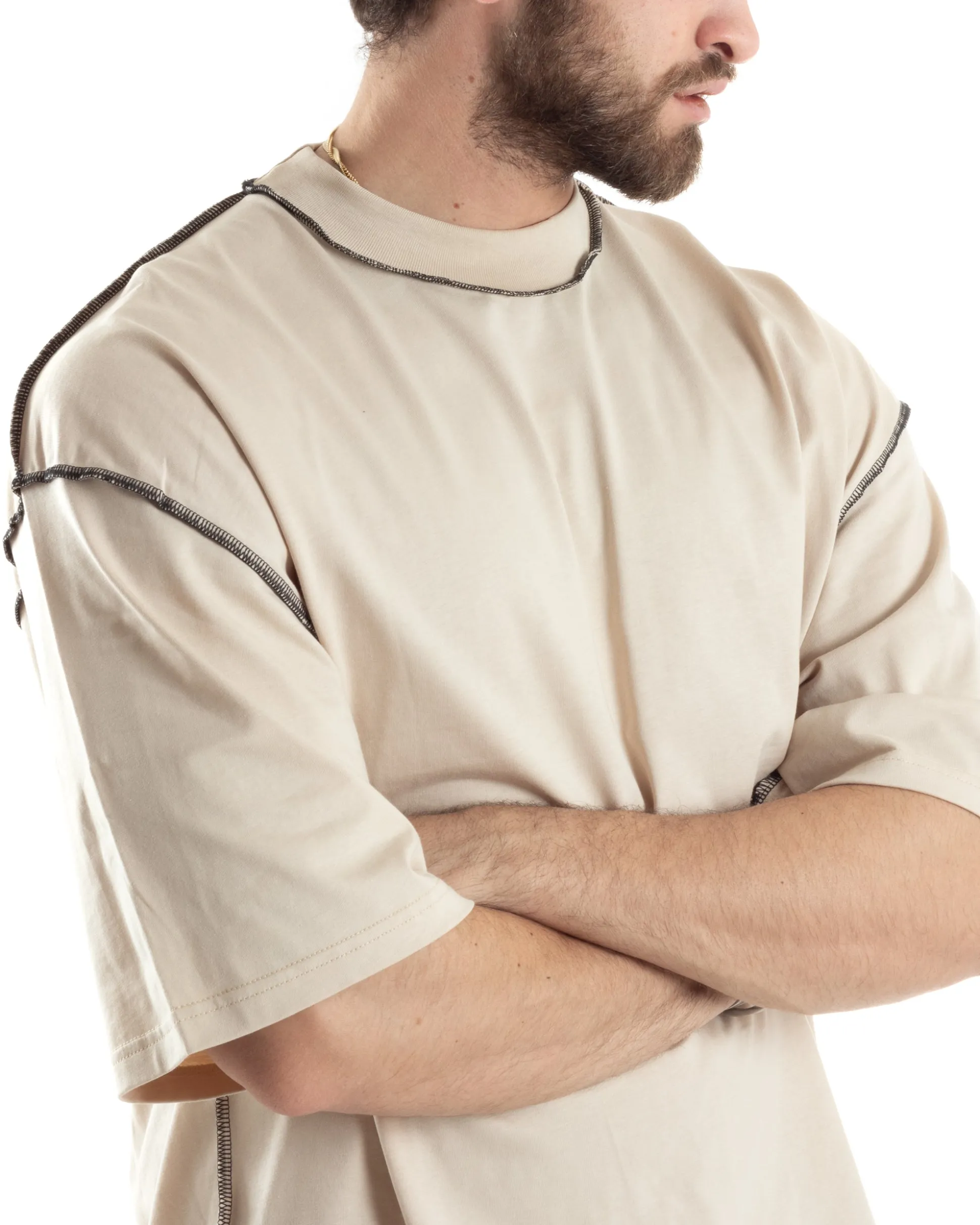 T-shirt Uomo Girocollo Boxy Fit Oversize Spalla Scesa Gola Alta Cuciture A Contrasto Cotone Beige GIOSAL-TS3034A