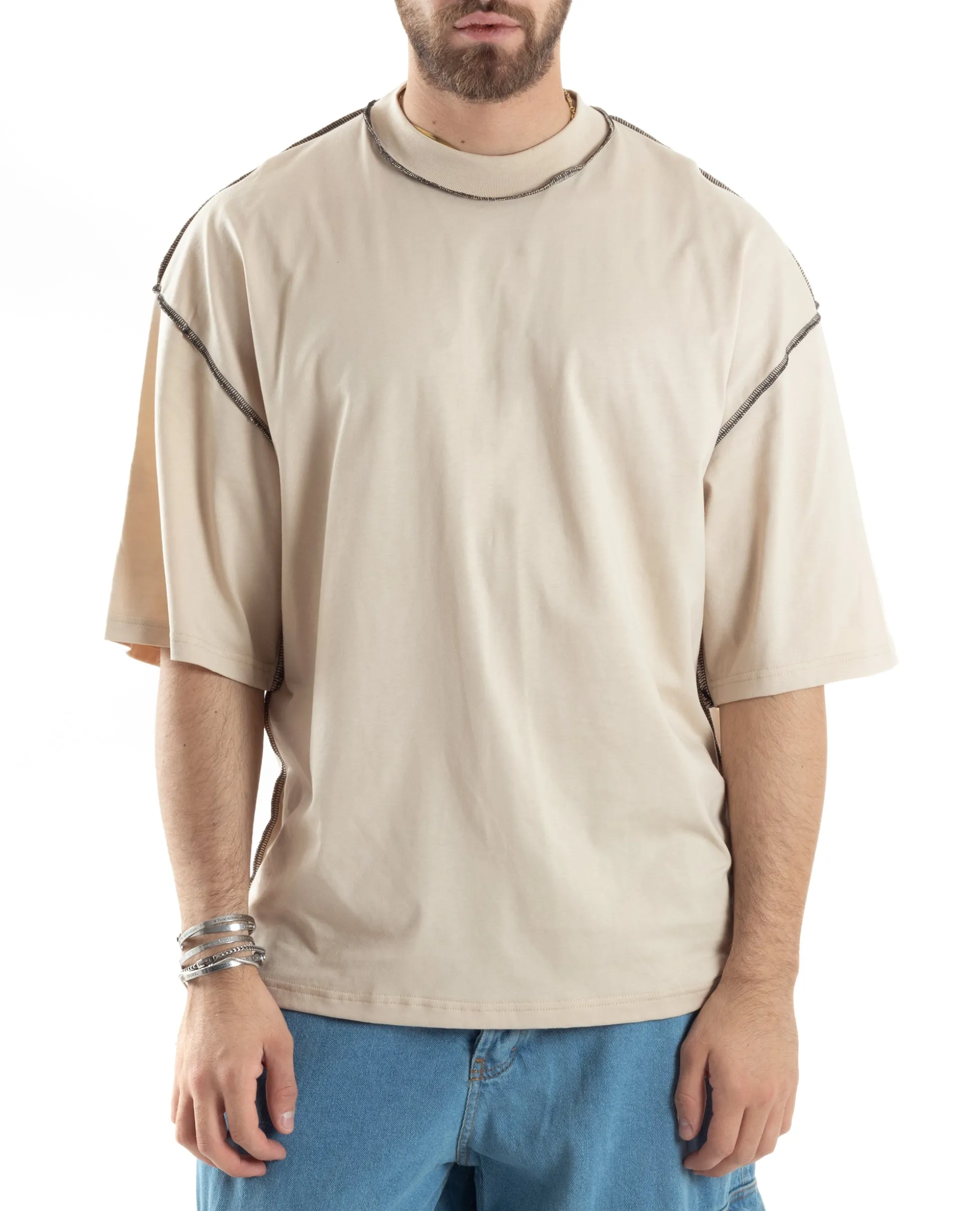 T-shirt Uomo Girocollo Boxy Fit Oversize Spalla Scesa Gola Alta Cuciture A Contrasto Cotone Beige GIOSAL-TS3034A