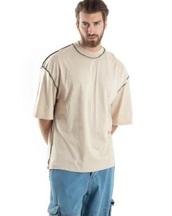 T-shirt Uomo Girocollo Boxy Fit Oversize Spalla Scesa Gola Alta Cuciture A Contrasto Cotone Beige GIOSAL-TS3034A
