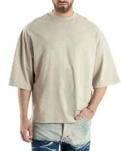 T-shirt Uomo Girocollo Boxy Fit Oversize Cotone Spalla Scesa Gola Alta Casual Basic Beige GIOSAL-TS3022A