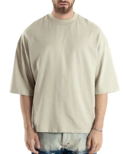 T-shirt Uomo Girocollo Boxy Fit Oversize Cotone Spalla Scesa Gola Alta Casual Basic Beige GIOSAL-TS3022A