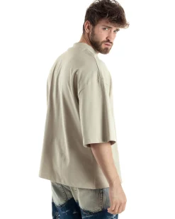 T-shirt Uomo Girocollo Boxy Fit Oversize Cotone Spalla Scesa Gola Alta Casual Basic Beige GIOSAL-TS3022A