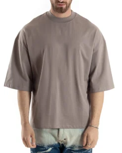 T-shirt Uomo Girocollo Boxy Fit Oversize Cotone Spalla Scesa Gola Alta Casual Basic Fango GIOSAL-TS3025A