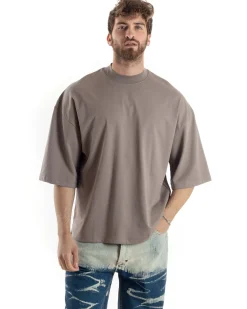 T-shirt Uomo Girocollo Boxy Fit Oversize Cotone Spalla Scesa Gola Alta Casual Basic Fango GIOSAL-TS3025A