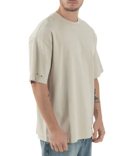 T-shirt Uomo Girocollo Con Rotture Cotone Slavato Tie Dye Maglia Basic Oversize Casual Beige GIOSAL-TS3106A