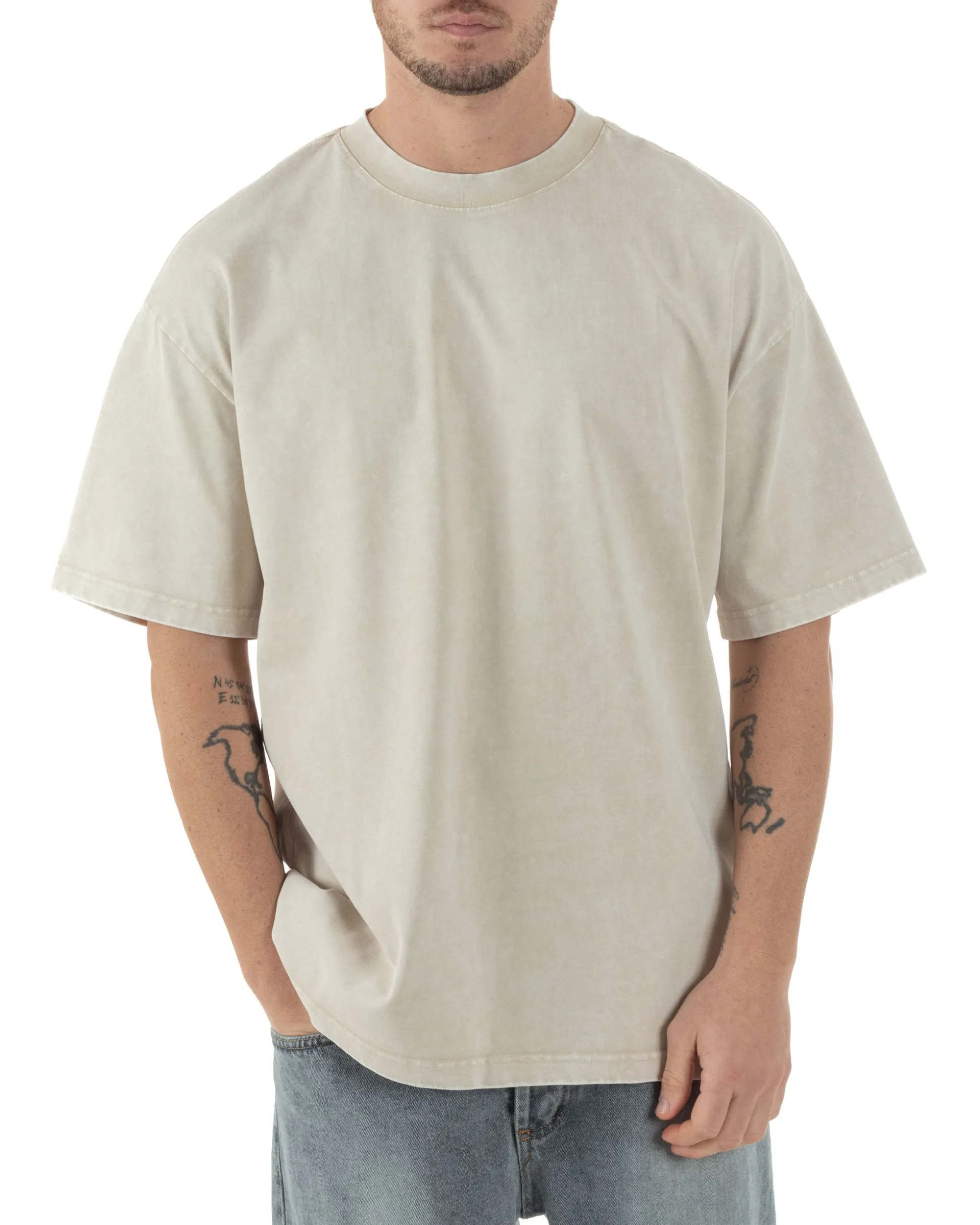 T-shirt Uomo Girocollo Cotone Slavato Maglia Mezze Maniche Tie Dye Basic Oversize Casual Tinta Unita Beige GIOSAL-TS3091A