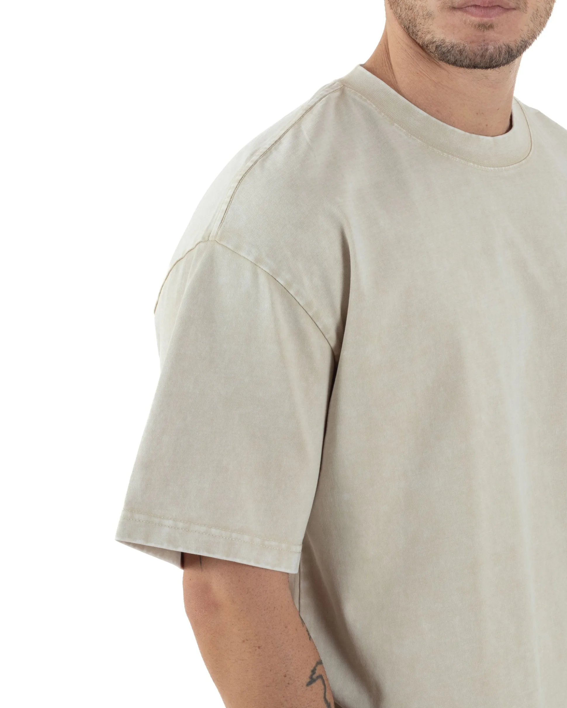 T-shirt Uomo Girocollo Cotone Slavato Maglia Mezze Maniche Tie Dye Basic Oversize Casual Tinta Unita Beige GIOSAL-TS3091A