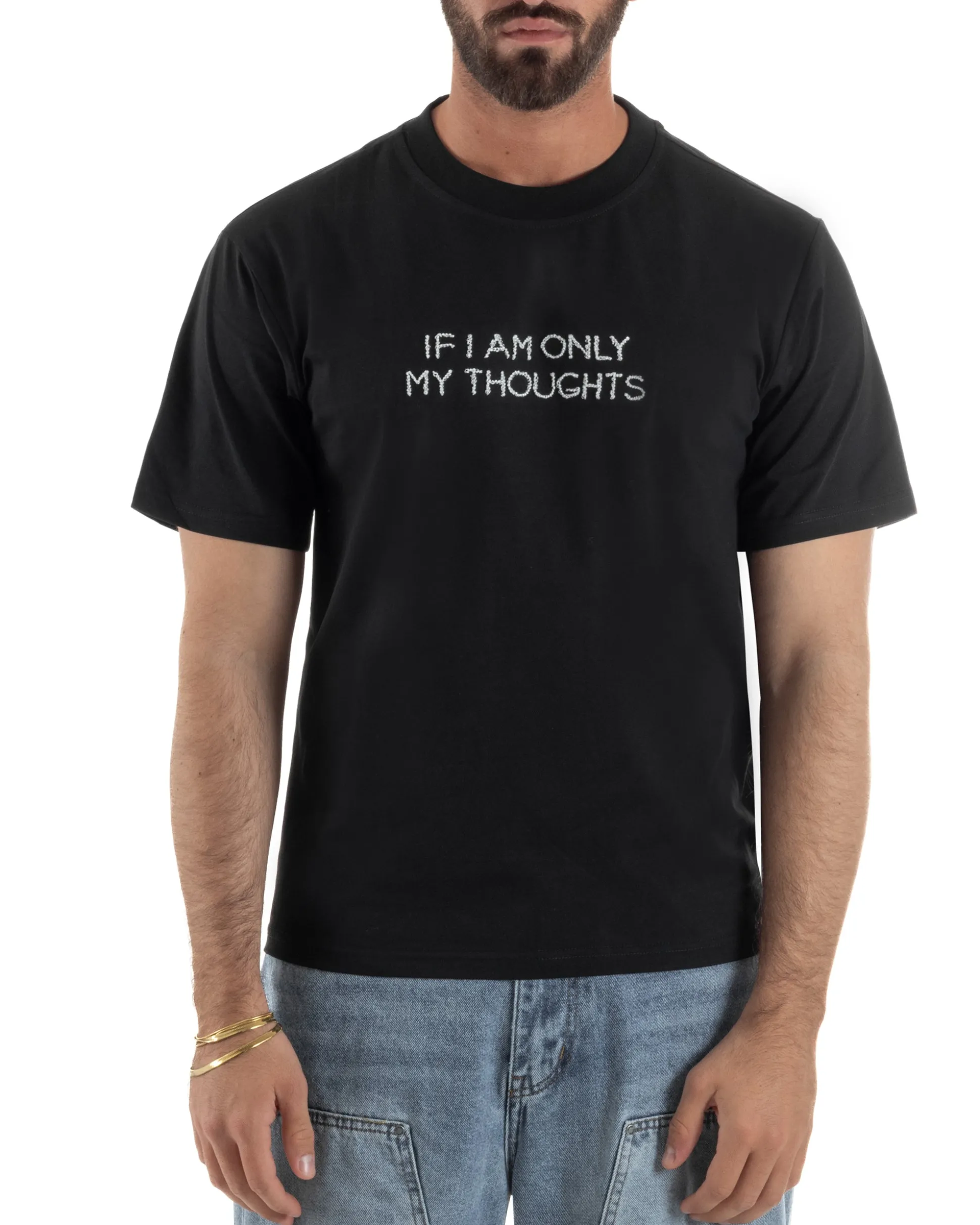T-shirt uomo girocollo cotone ricamo stampa basic nero GIOSAL-TS3264A