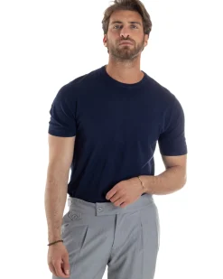 T-Shirt Uomo Girocollo Filo Maglia Sottogiacca Casual Blu TS3158A