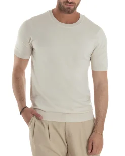 T-Shirt Uomo Girocollo Filo Maglia Sottogiacca Casual Beige TS3155A