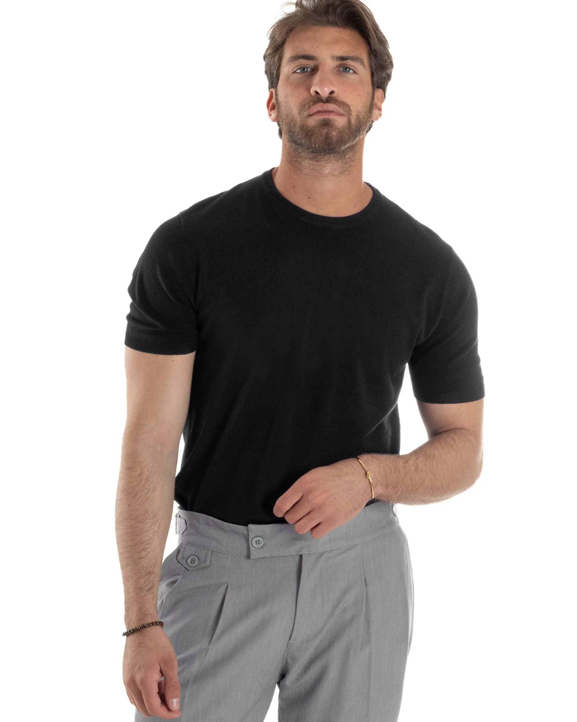 T-Shirt Uomo Girocollo Filo Maglia Sottogiacca Casual Nero TS3153A