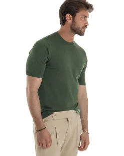 T-Shirt Uomo Girocollo Filo Maglia Sottogiacca Casual Verde Militare TS3159A