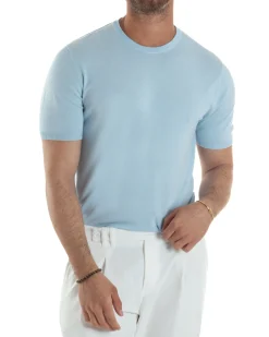 T-Shirt Uomo Girocollo Filo Maglia Sottogiacca Casual Celeste TS3151A