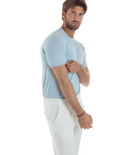 T-Shirt Uomo Girocollo Filo Maglia Sottogiacca Casual Celeste TS3151A