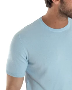 T-Shirt Uomo Girocollo Filo Maglia Sottogiacca Casual Celeste TS3151A