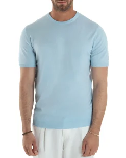 T-Shirt Uomo Girocollo Filo Maglia Sottogiacca Casual Celeste TS3151A