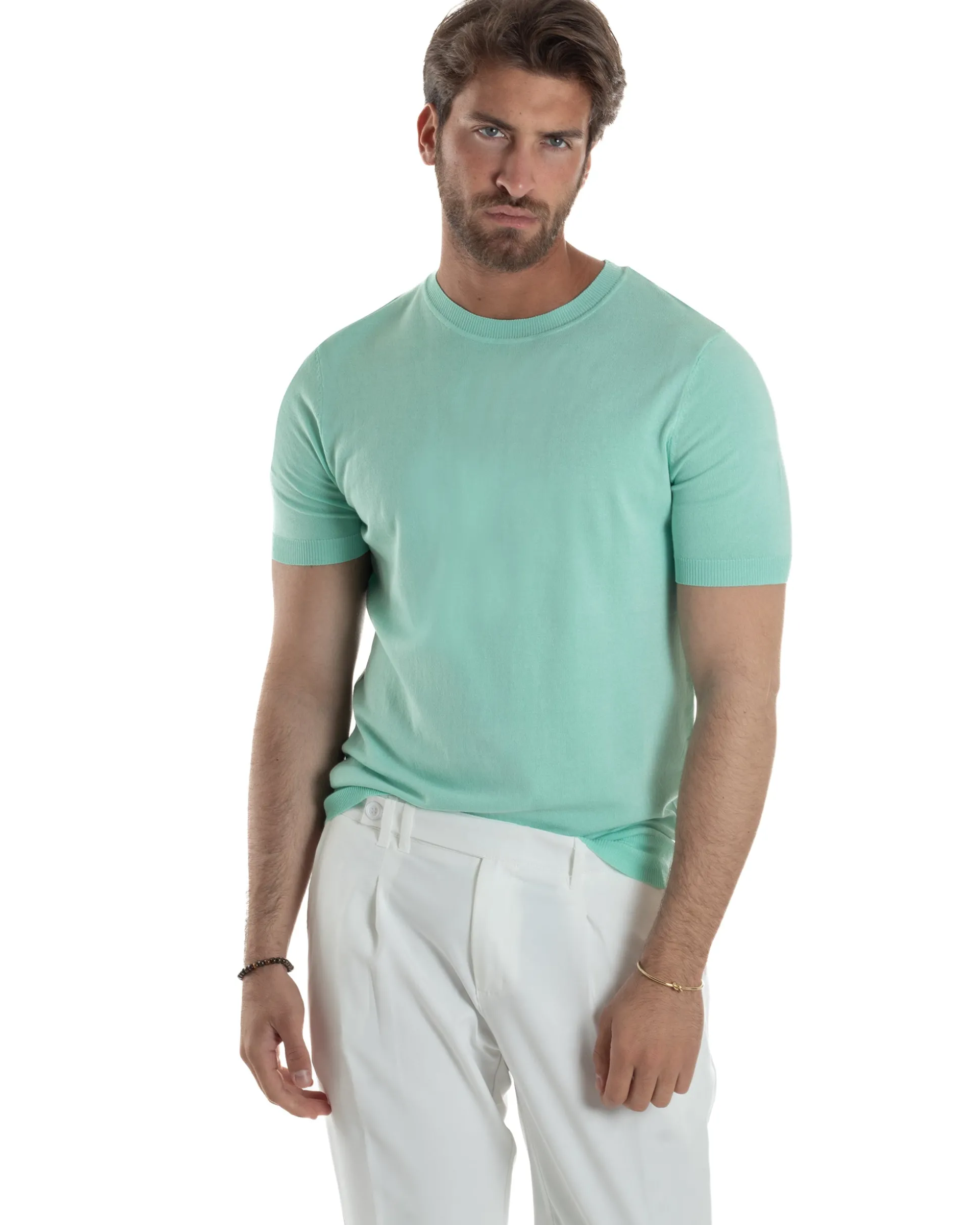 T-Shirt Uomo Girocollo Filo Maglia Sottogiacca Casual Verde Acqua TS3152A