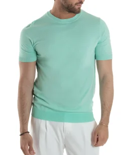T-Shirt Uomo Girocollo Filo Maglia Sottogiacca Casual Verde Acqua TS3152A