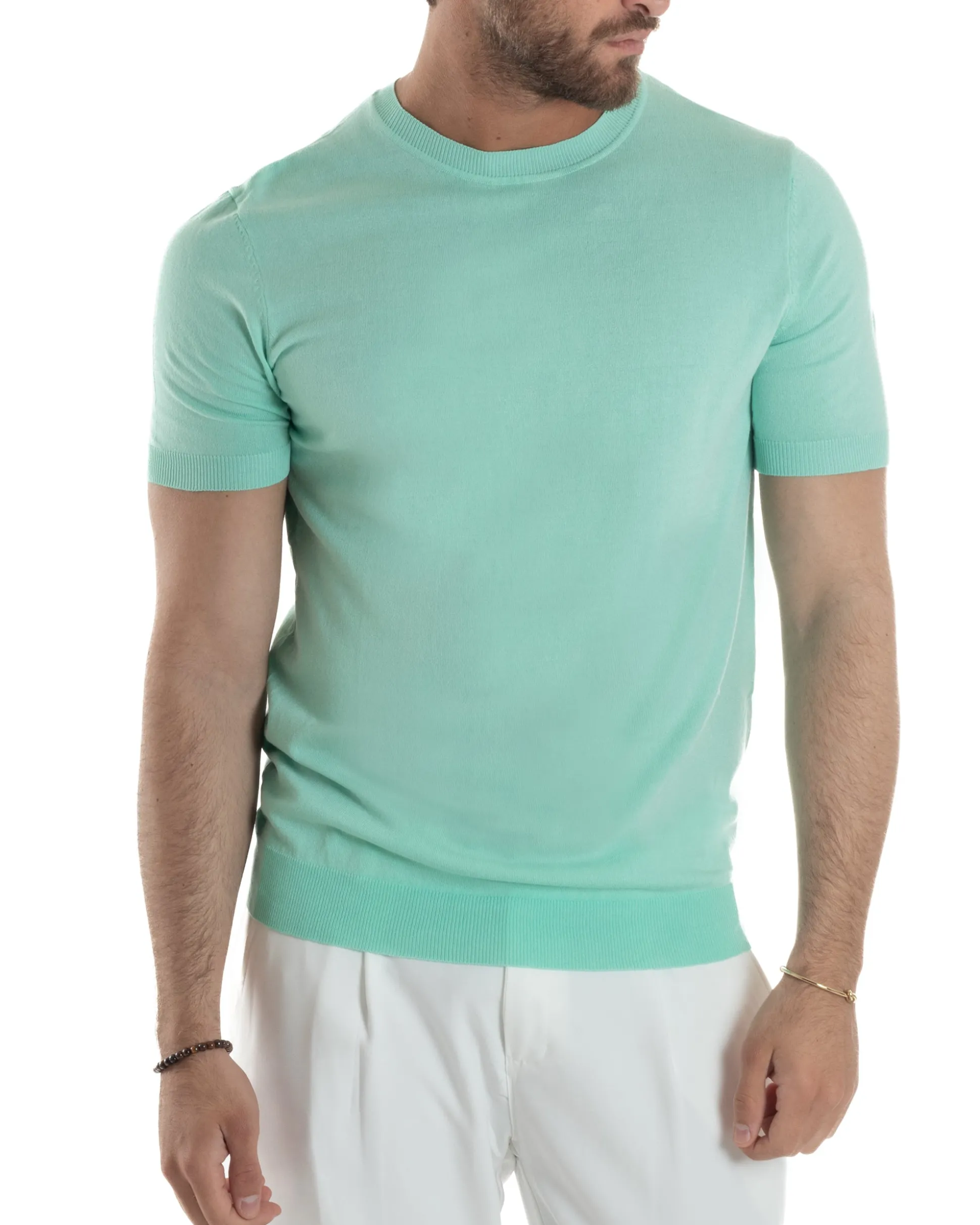 T-Shirt Uomo Girocollo Filo Maglia Sottogiacca Casual Verde Acqua TS3152A