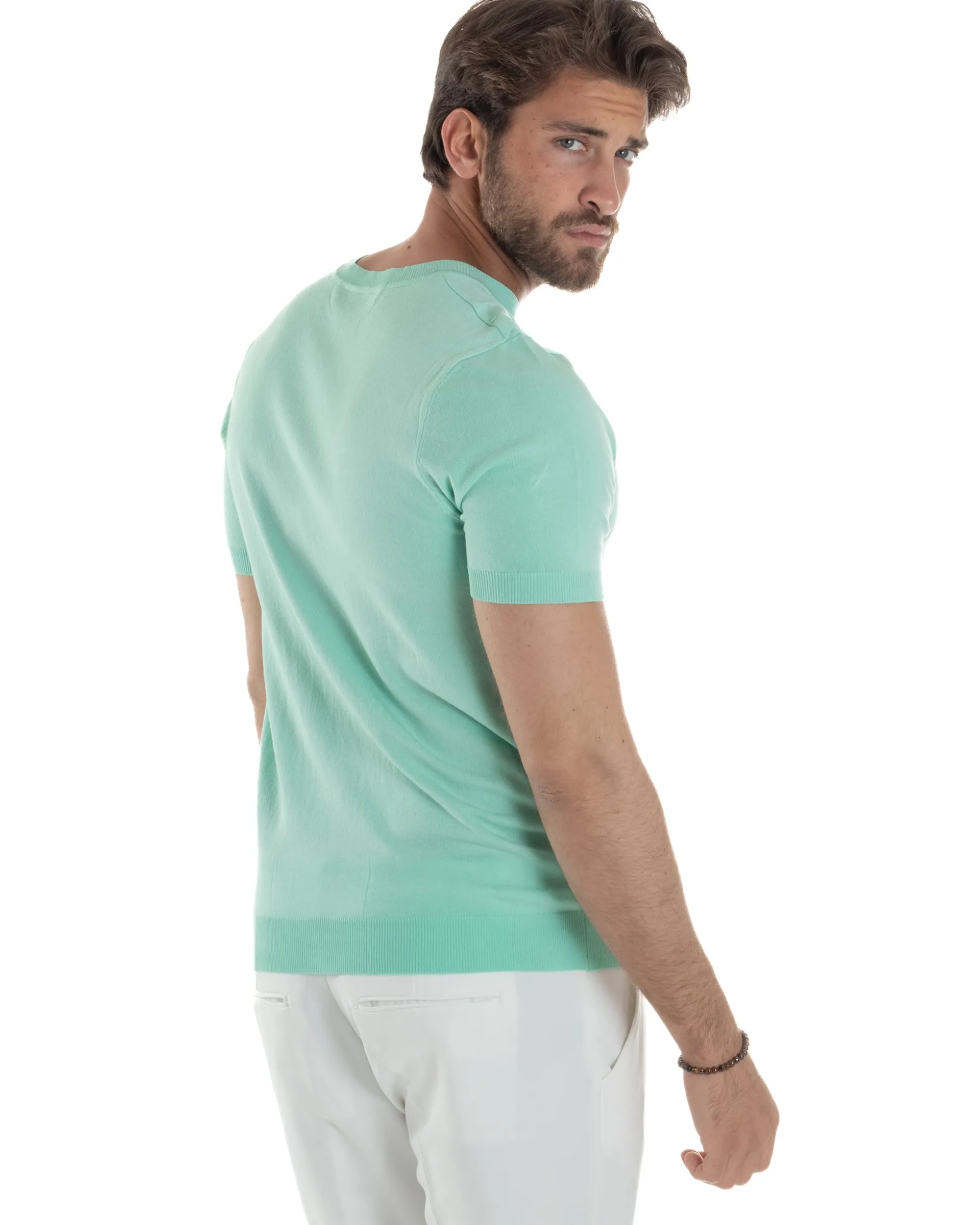 T-Shirt Uomo Girocollo Filo Maglia Sottogiacca Casual Verde Acqua TS3152A