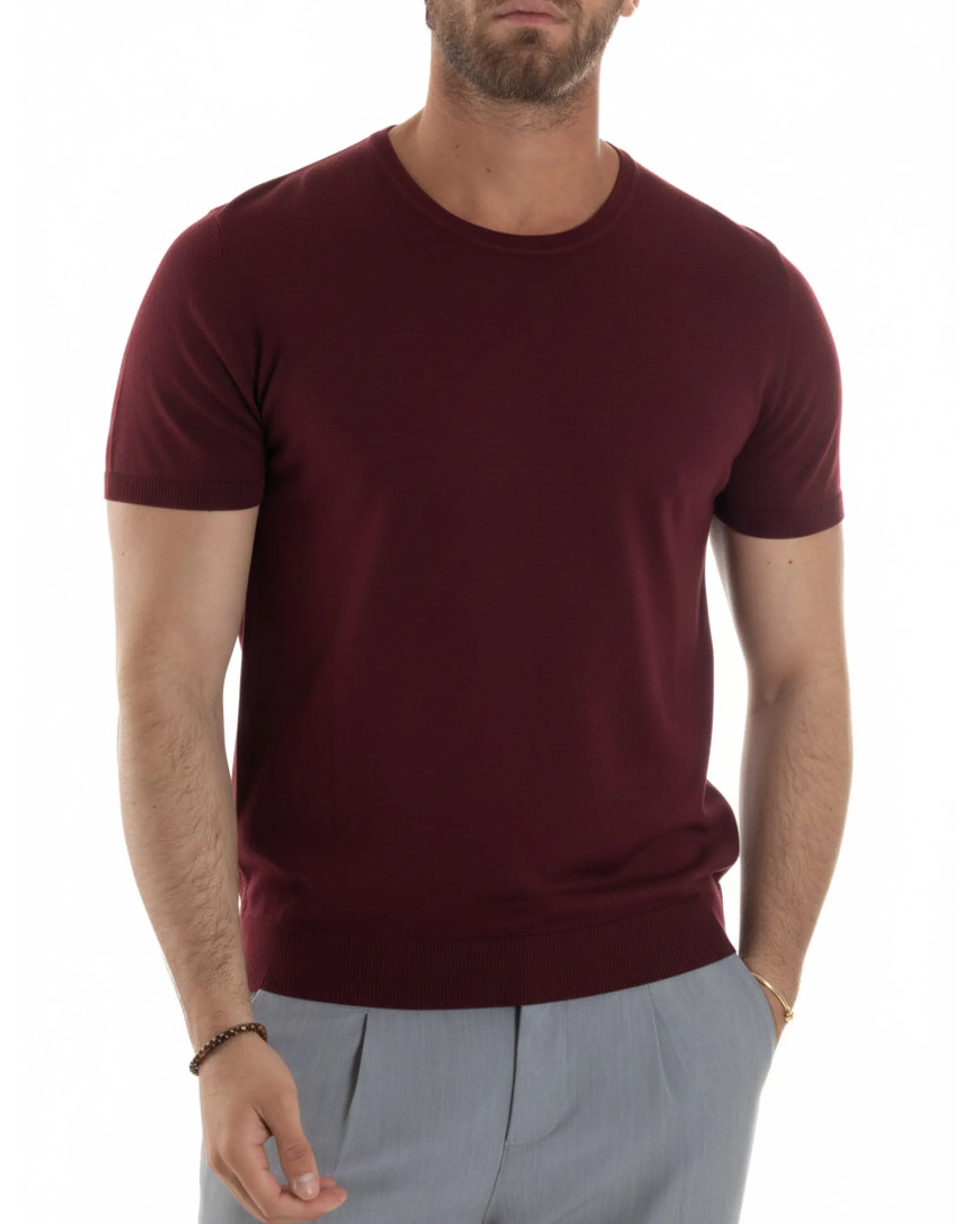 T-shirt uomo girocollo filo maglia sottogiacca casual bordeaux GIOSAL-TS3200A