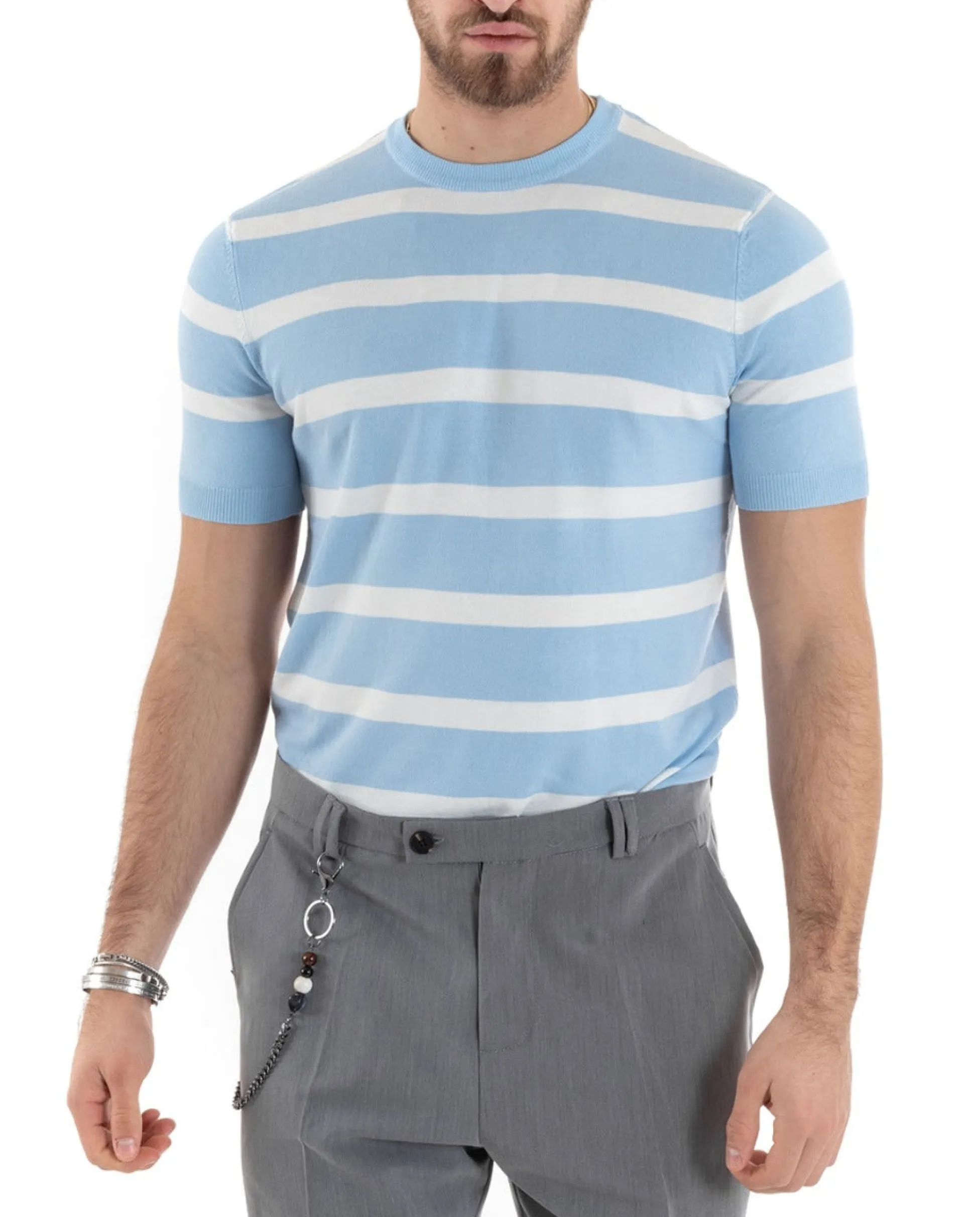 T-shirt Uomo Girocollo Filo Rigata Maniche Corte Bicolore Casual Celeste GIOSAL-TS2862A