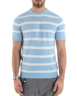 T-shirt Uomo Girocollo Filo Rigata Maniche Corte Bicolore Casual Celeste GIOSAL-TS2862A