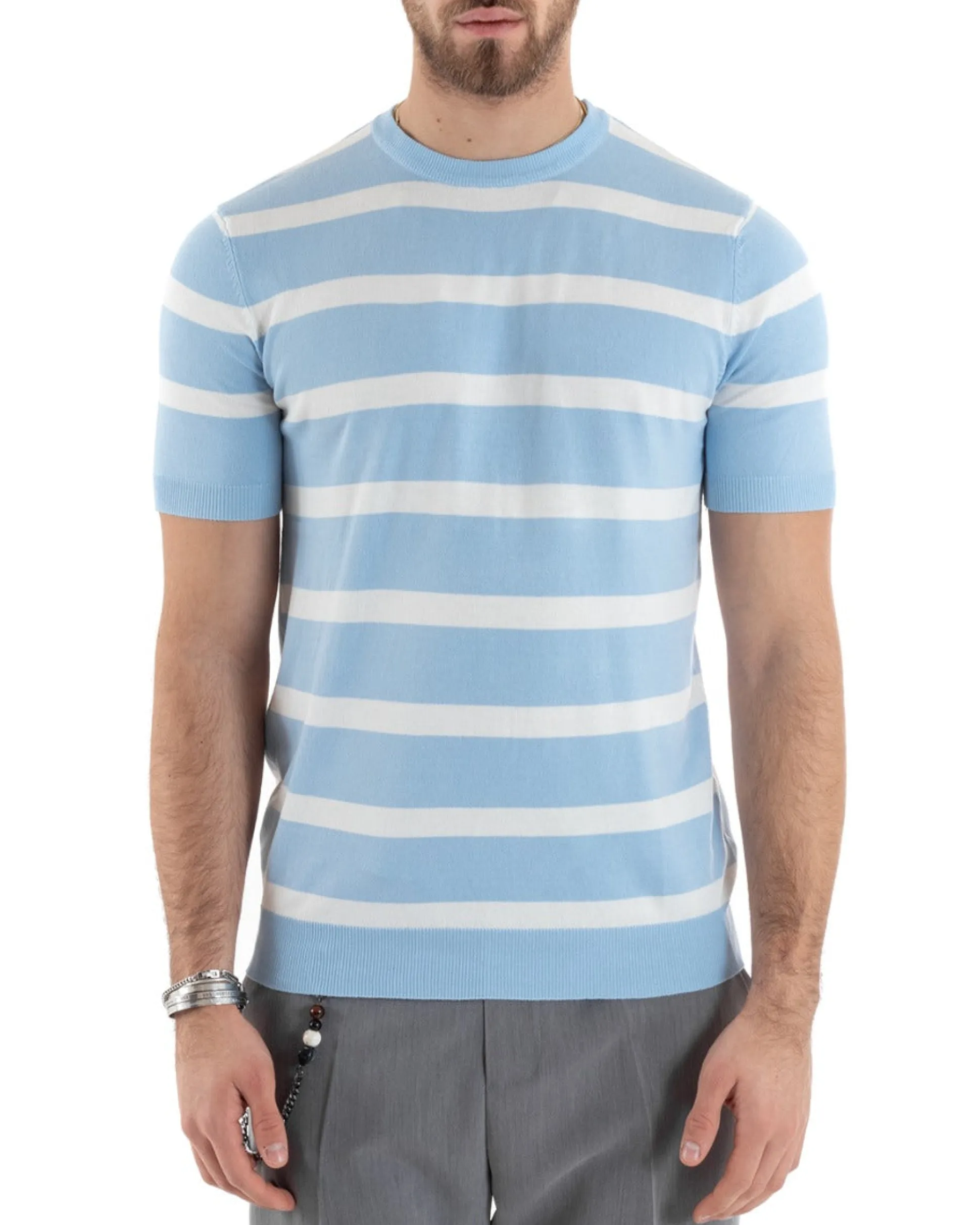 T-shirt Uomo Girocollo Filo Rigata Maniche Corte Bicolore Casual Celeste GIOSAL-TS2862A