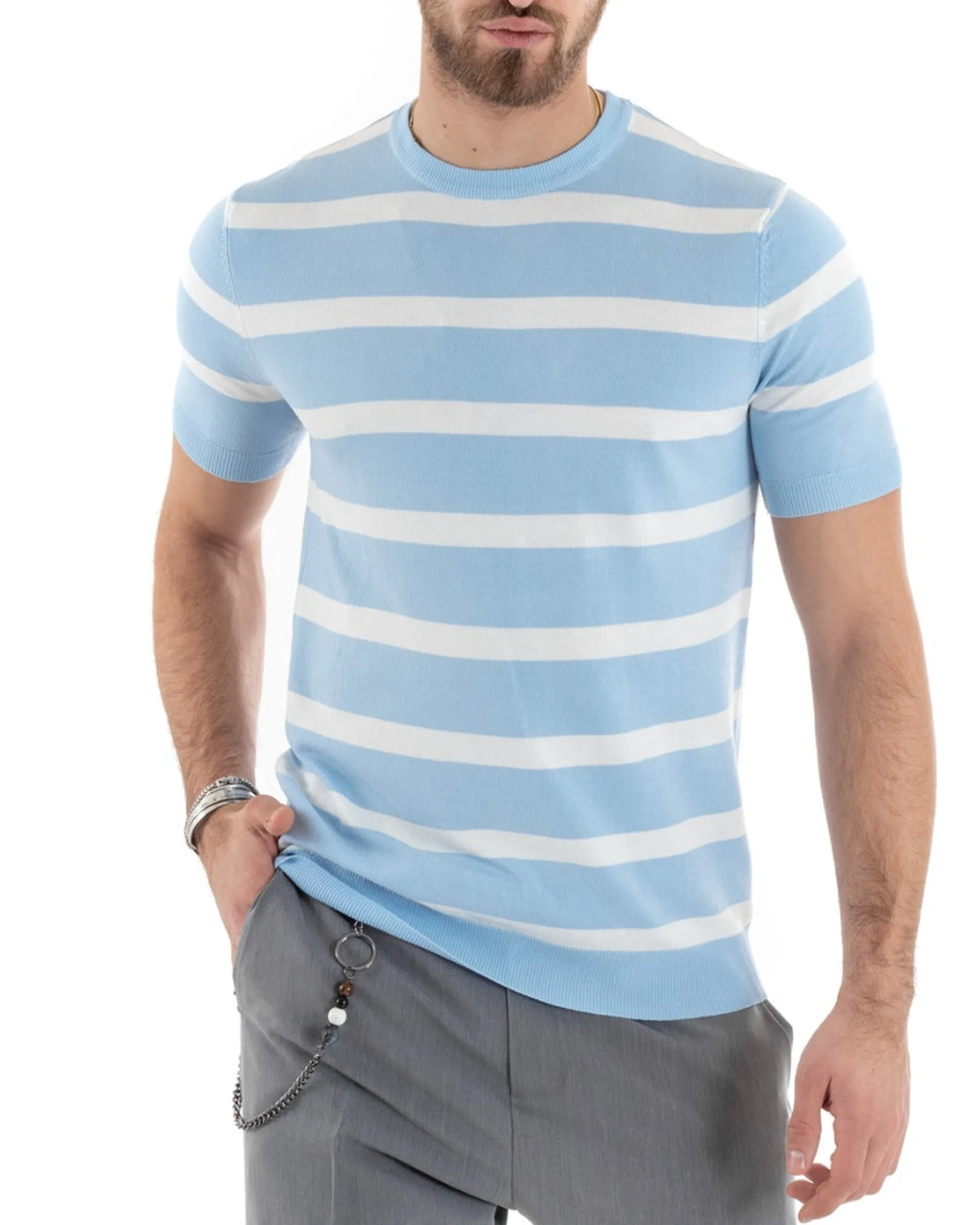 T-shirt Uomo Girocollo Filo Rigata Maniche Corte Bicolore Casual Celeste GIOSAL-TS2862A