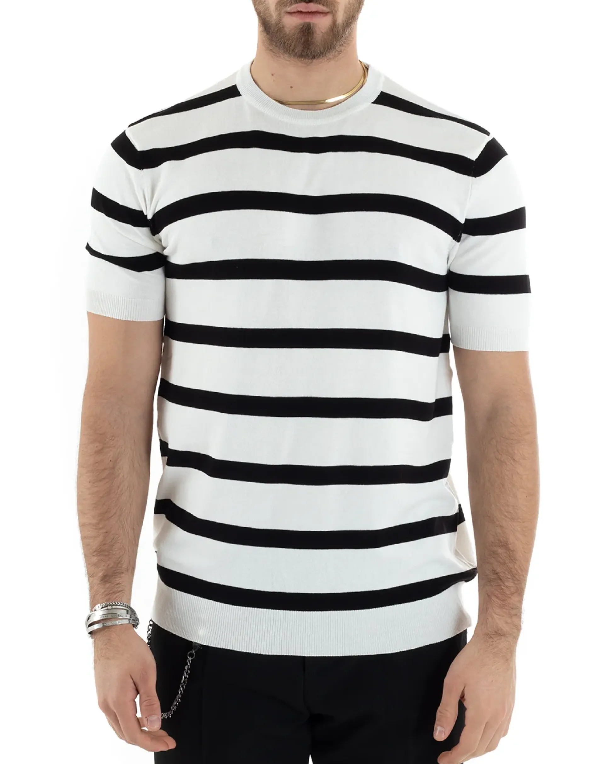 T-shirt Uomo Girocollo Filo Rigata Maniche Corte Bicolore Casual Bianco GIOSAL-TS2860A