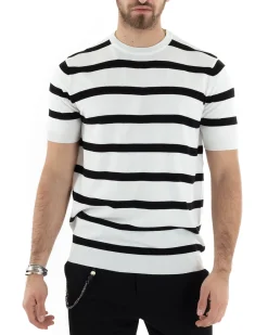 T-shirt Uomo Girocollo Filo Rigata Maniche Corte Bicolore Casual Bianco GIOSAL-TS2860A