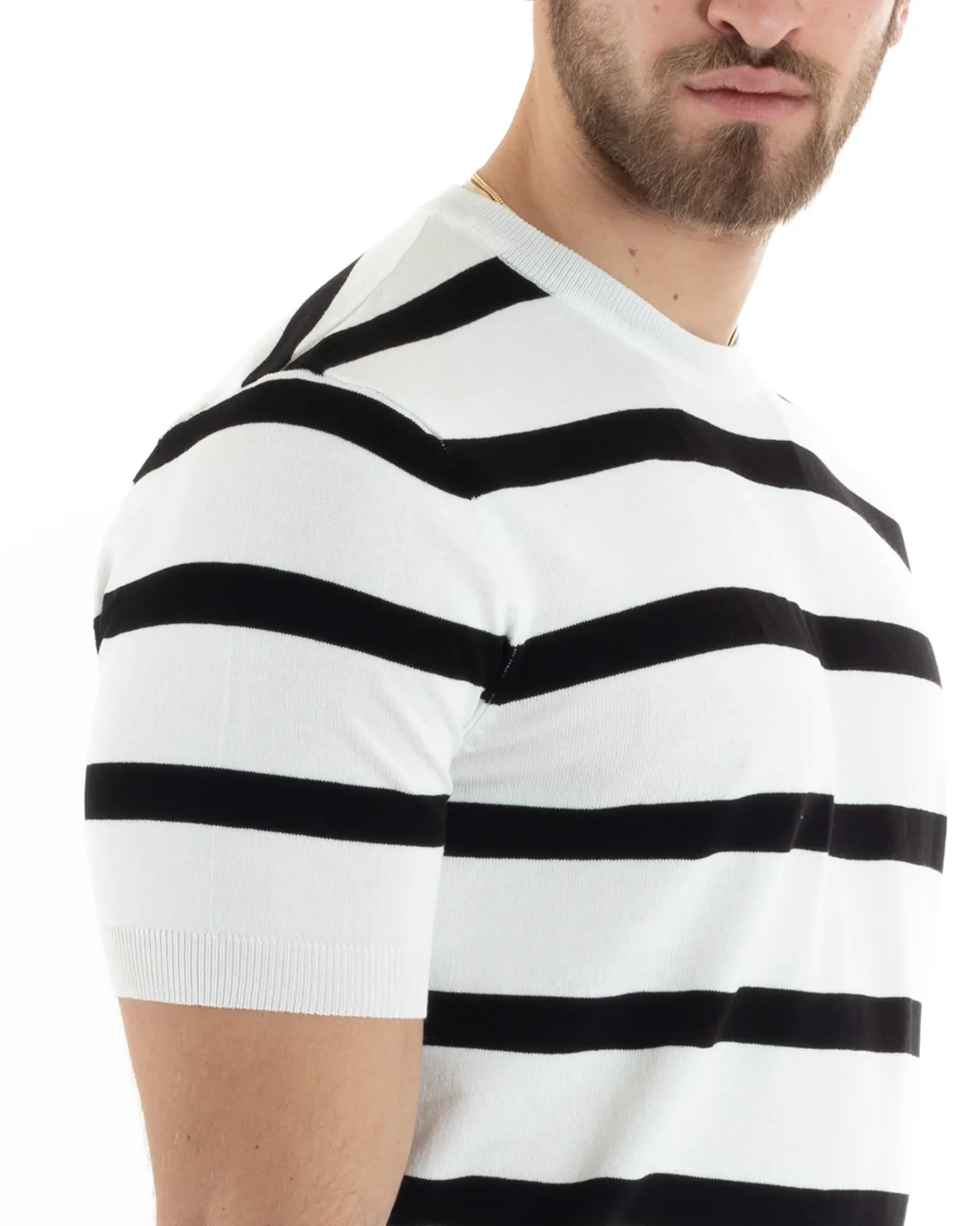 T-shirt Uomo Girocollo Filo Rigata Maniche Corte Bicolore Casual Bianco GIOSAL-TS2860A