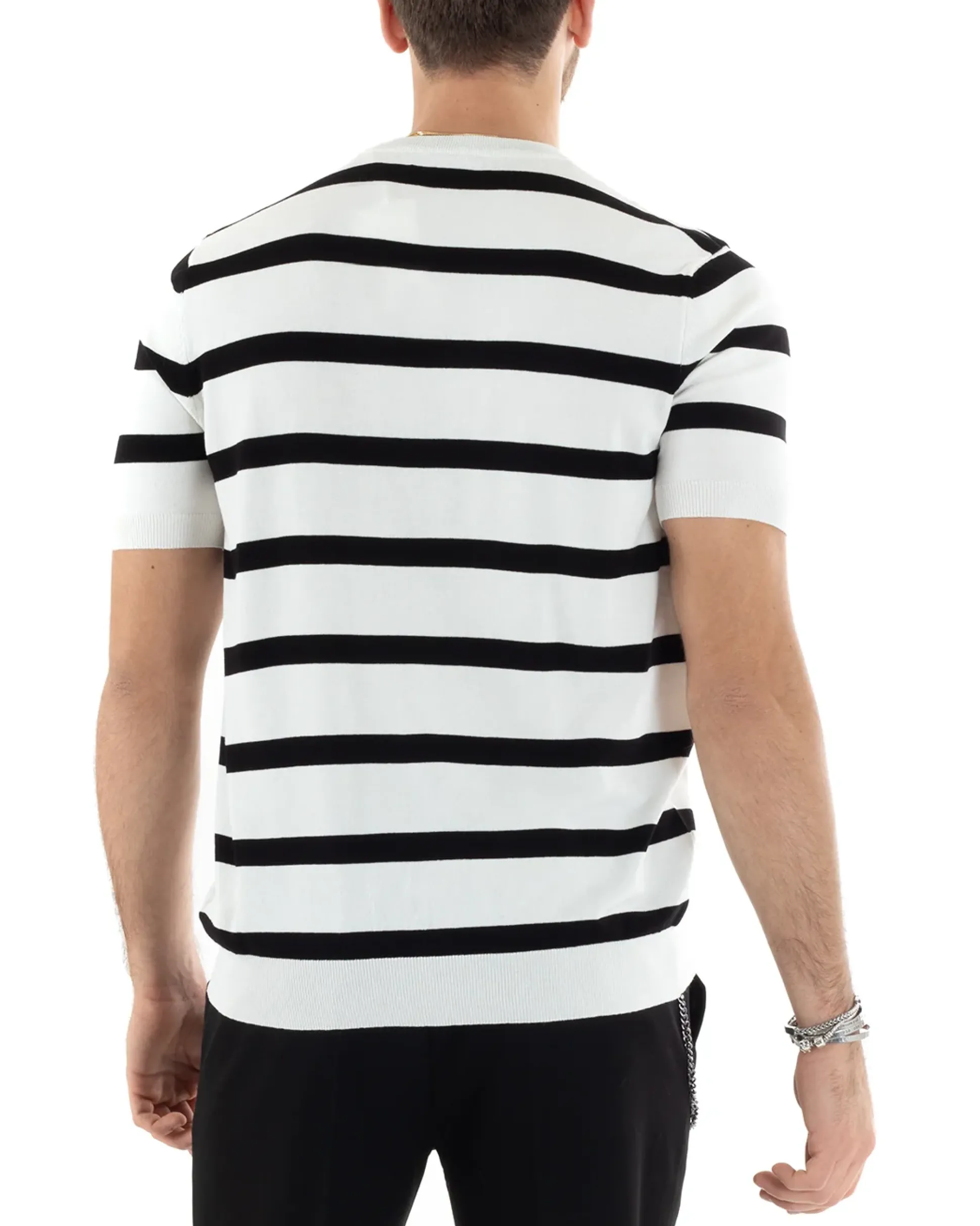 T-shirt Uomo Girocollo Filo Rigata Maniche Corte Bicolore Casual Bianco GIOSAL-TS2860A