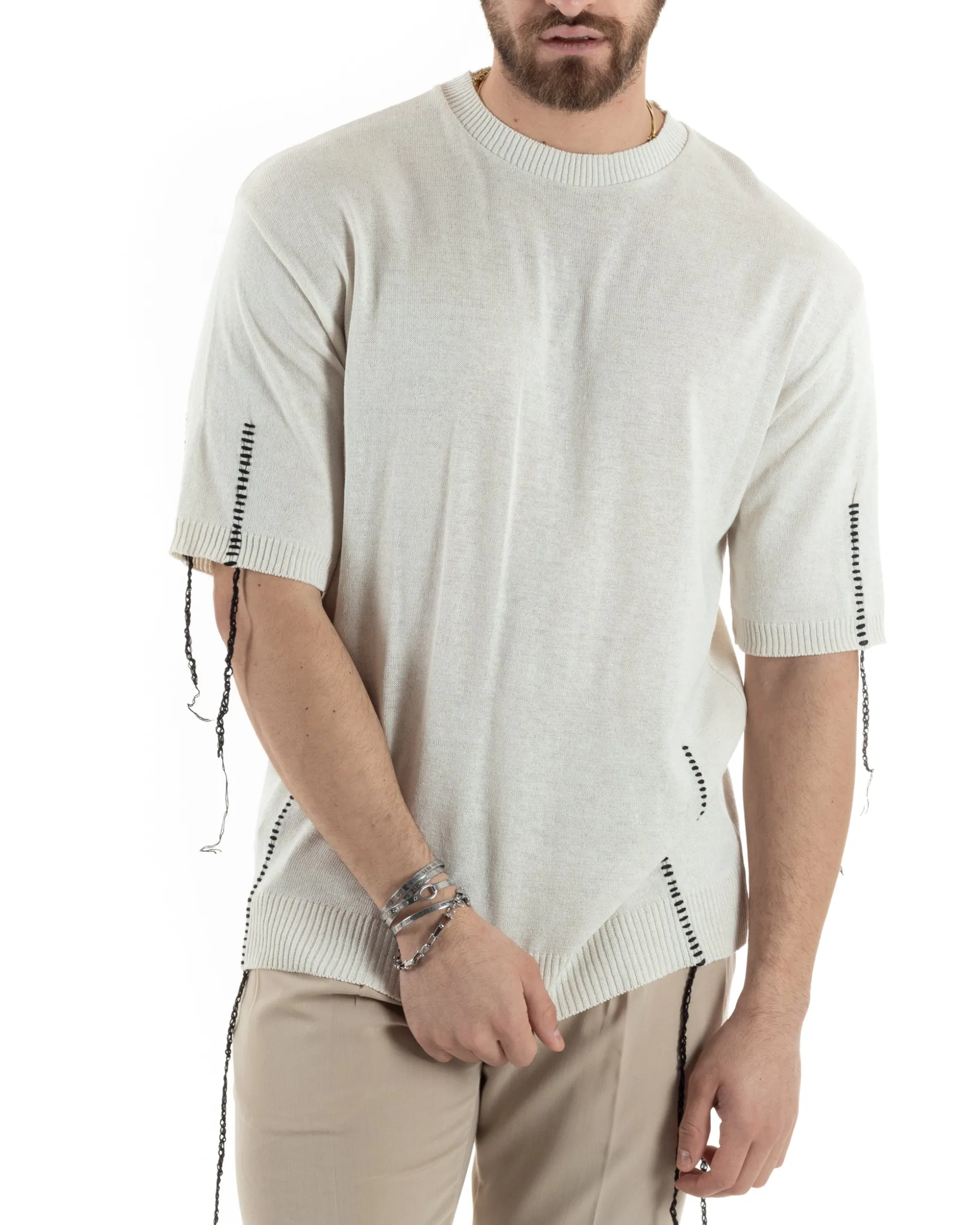 T-Shirt Uomo Girocollo Maglia In Filo Tinta Unita Beige GIOSAL-TS2990A