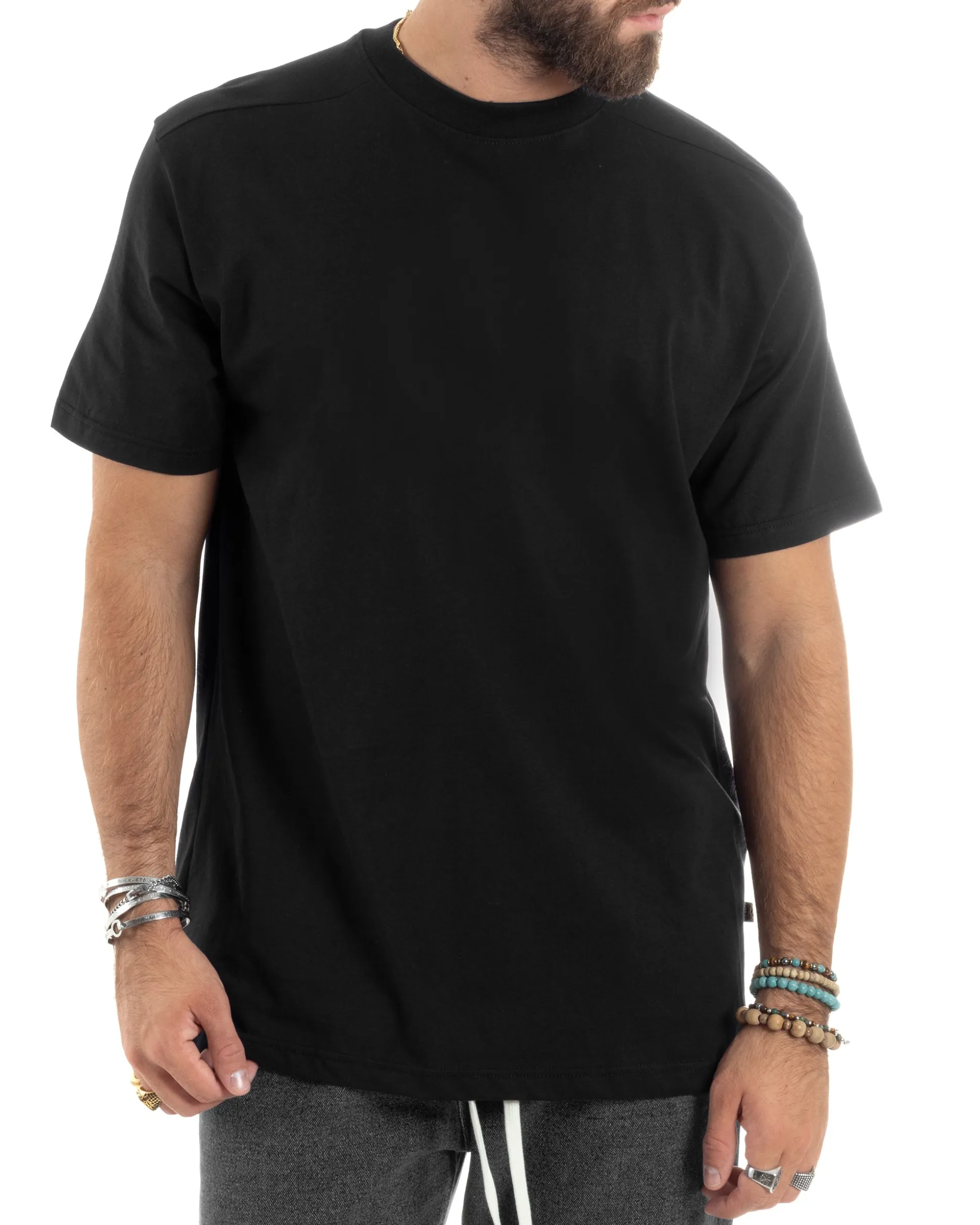 T-shirt Uomo Girocollo Mezze Maniche Cotone Premium Maglia Basic Casual Tinta Unita Nero GIOSAL-TS3082A