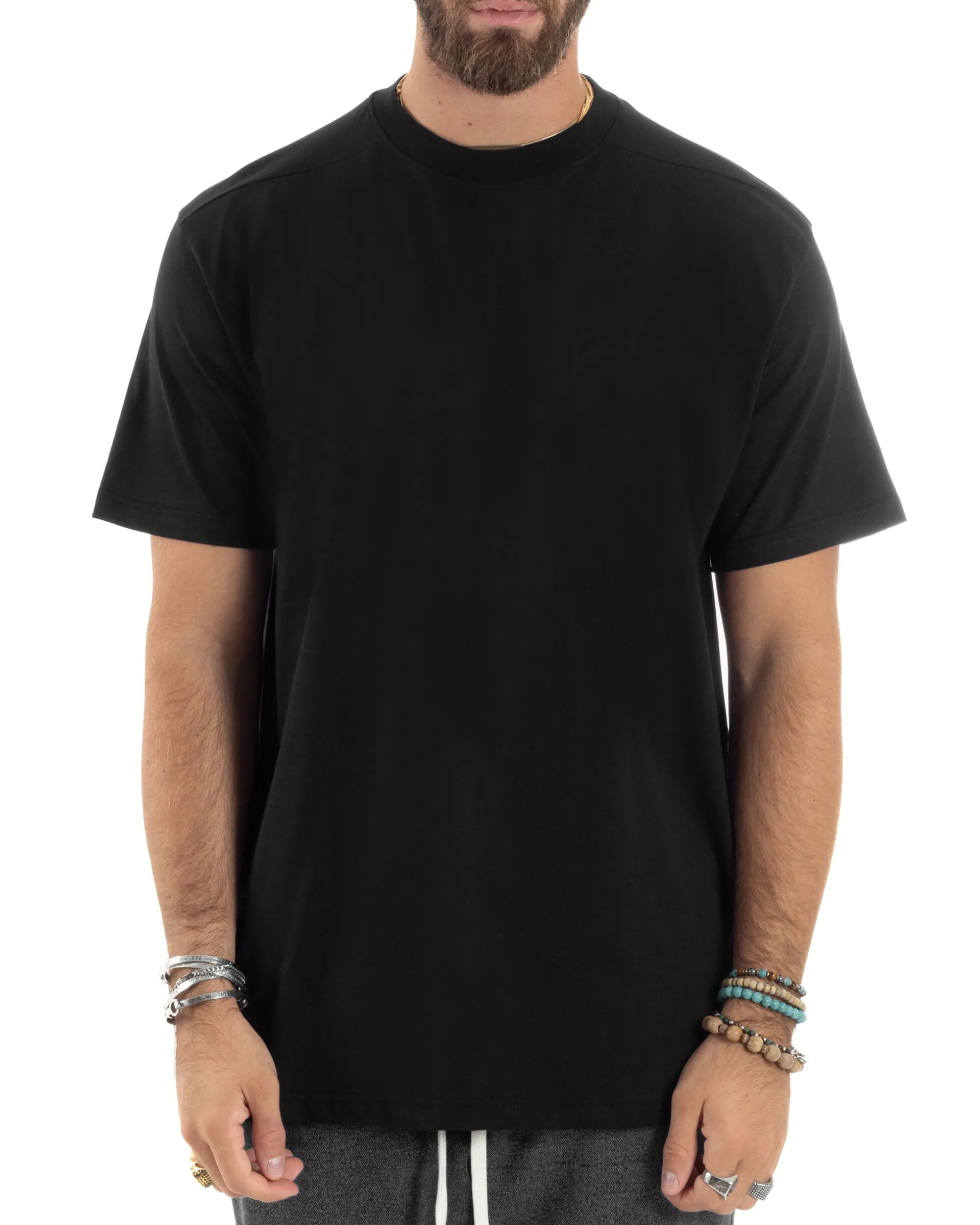 T-shirt Uomo Girocollo Mezze Maniche Cotone Premium Maglia Basic Casual Tinta Unita Nero GIOSAL-TS3082A