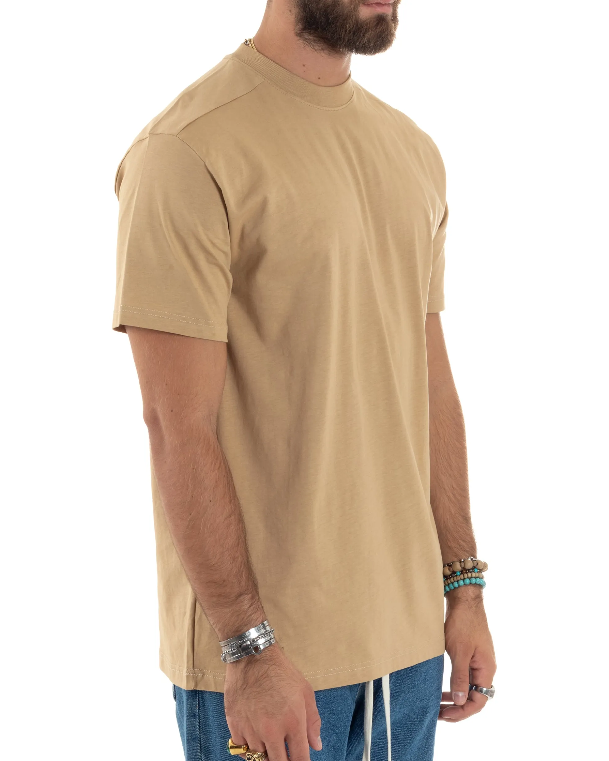 T-shirt Uomo Girocollo Mezze Maniche Cotone Premium Maglia Basic Casual Tinta Unita Beige GIOSAL-TS3083A