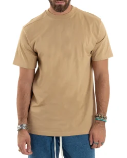 T-shirt Uomo Girocollo Mezze Maniche Cotone Premium Maglia Basic Casual Tinta Unita Beige GIOSAL-TS3083A