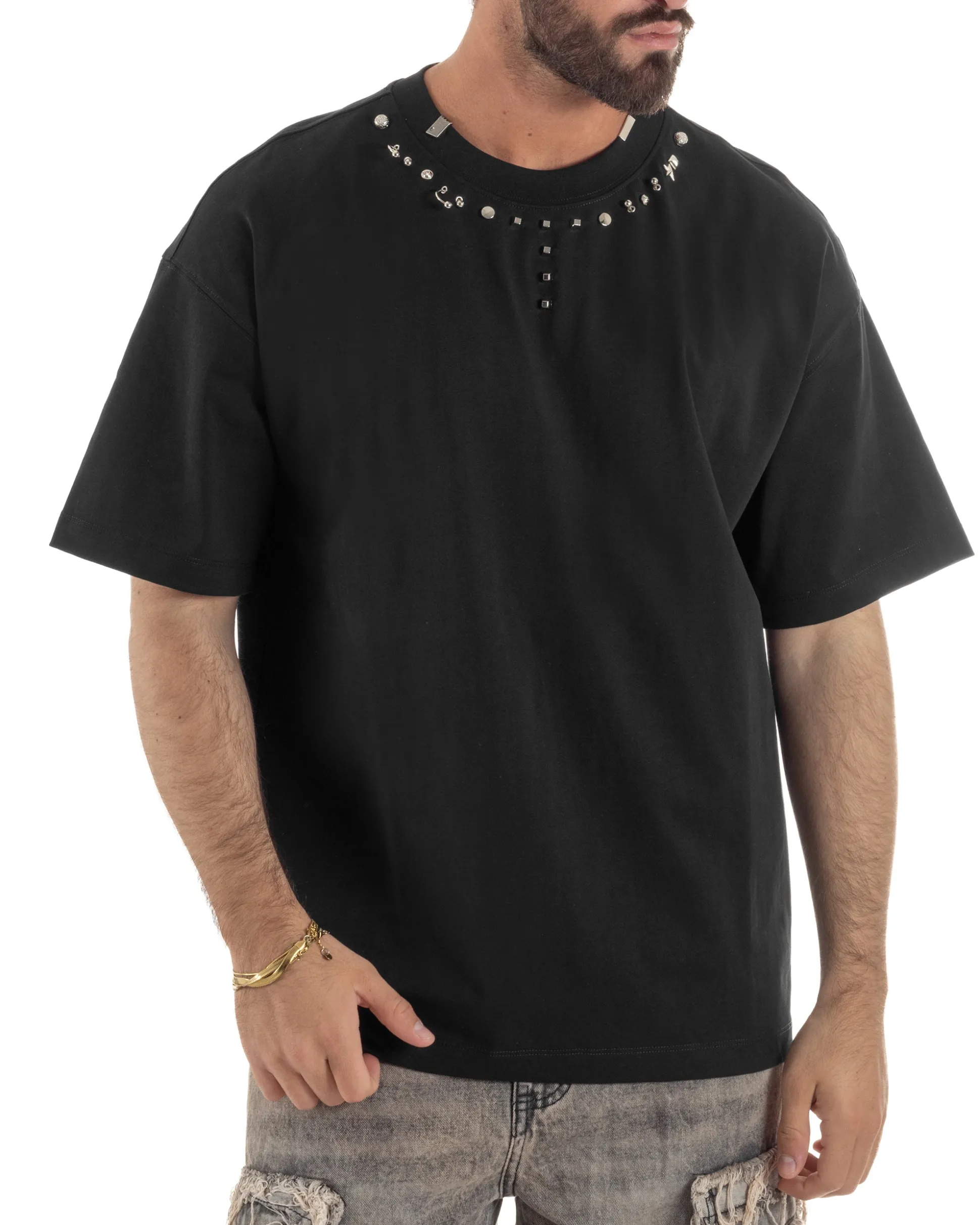 T-shirt uomo girocollo oversize borchie basic nero GIOSAL-TS3260A