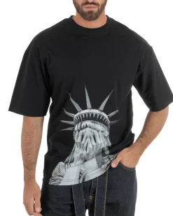 T-shirt uomo girocollo oversize streetwear con stampa nero GIOSAL-TS3308A