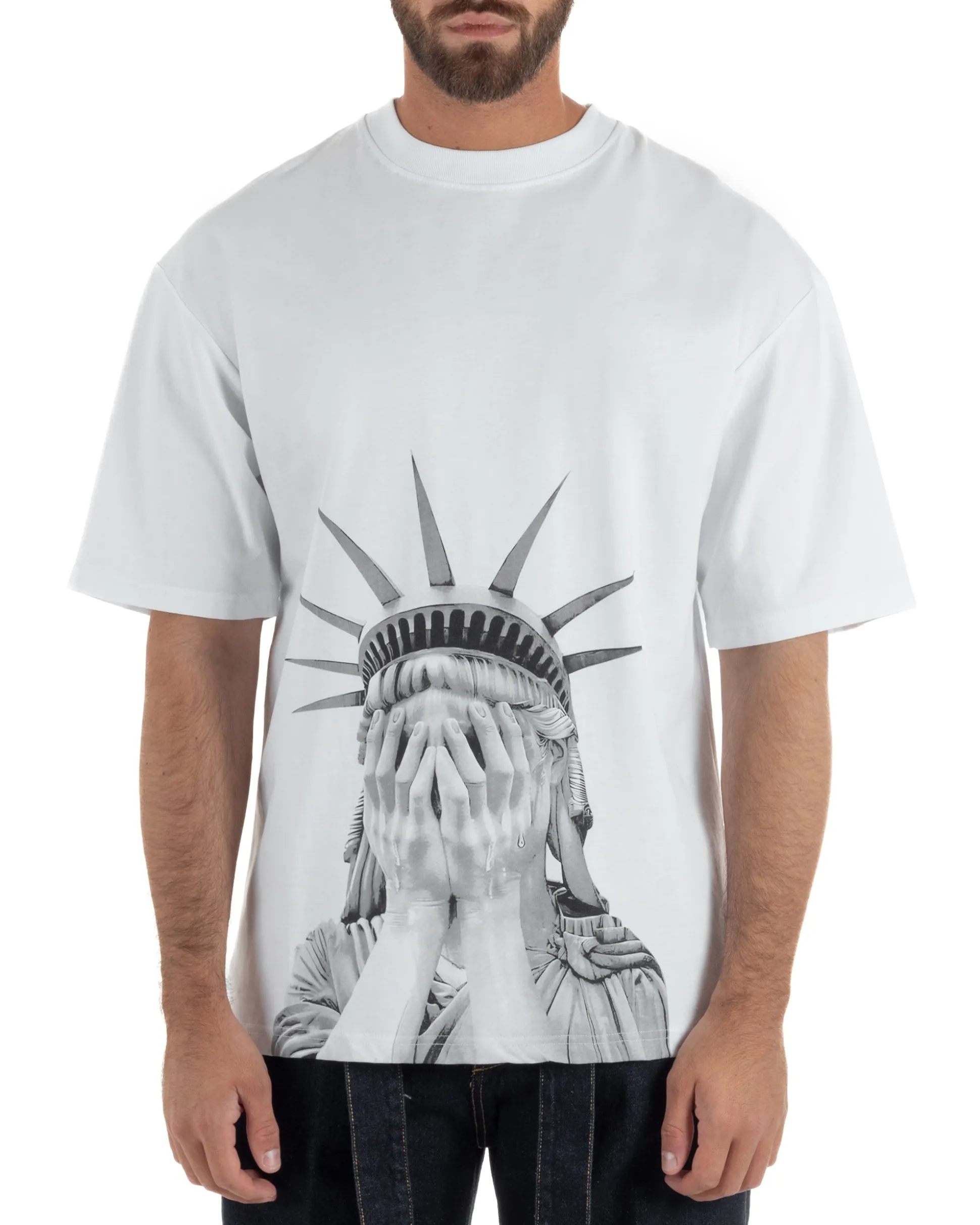 T-shirt uomo girocollo oversize streetwear con stampa bianco GIOSAL-TS3307A