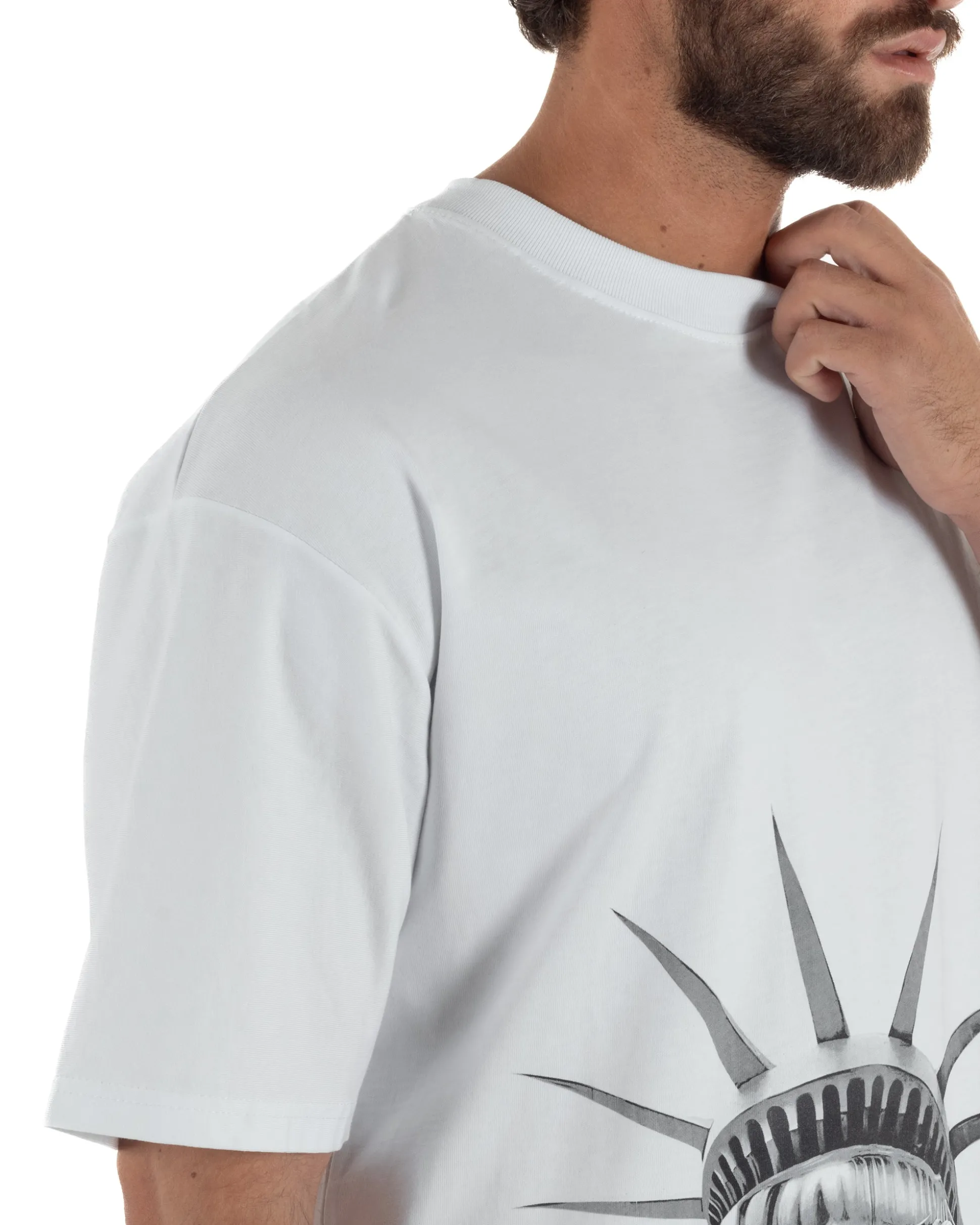 T-shirt uomo girocollo oversize streetwear con stampa bianco GIOSAL-TS3307A