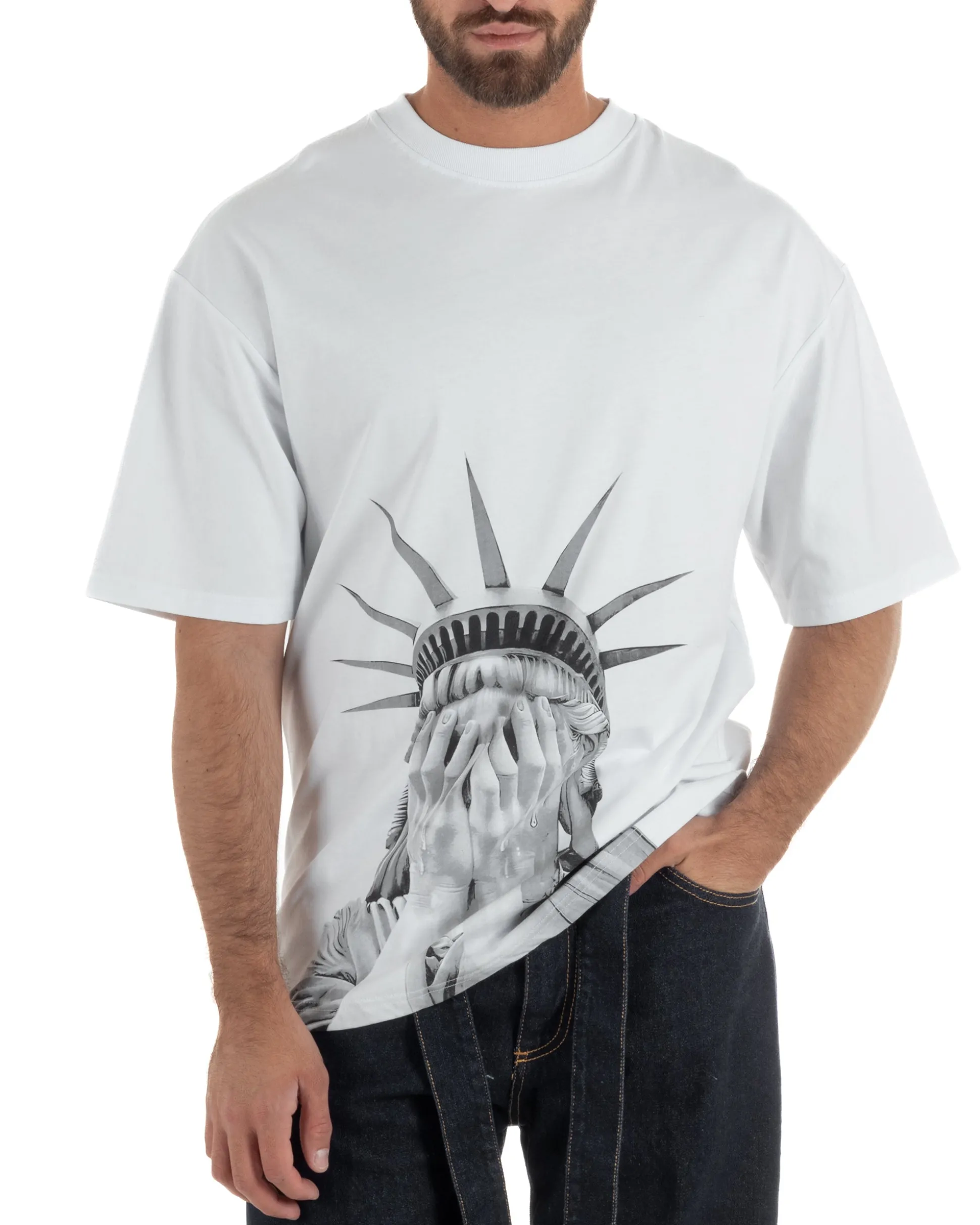 T-shirt uomo girocollo oversize streetwear con stampa bianco GIOSAL-TS3307A