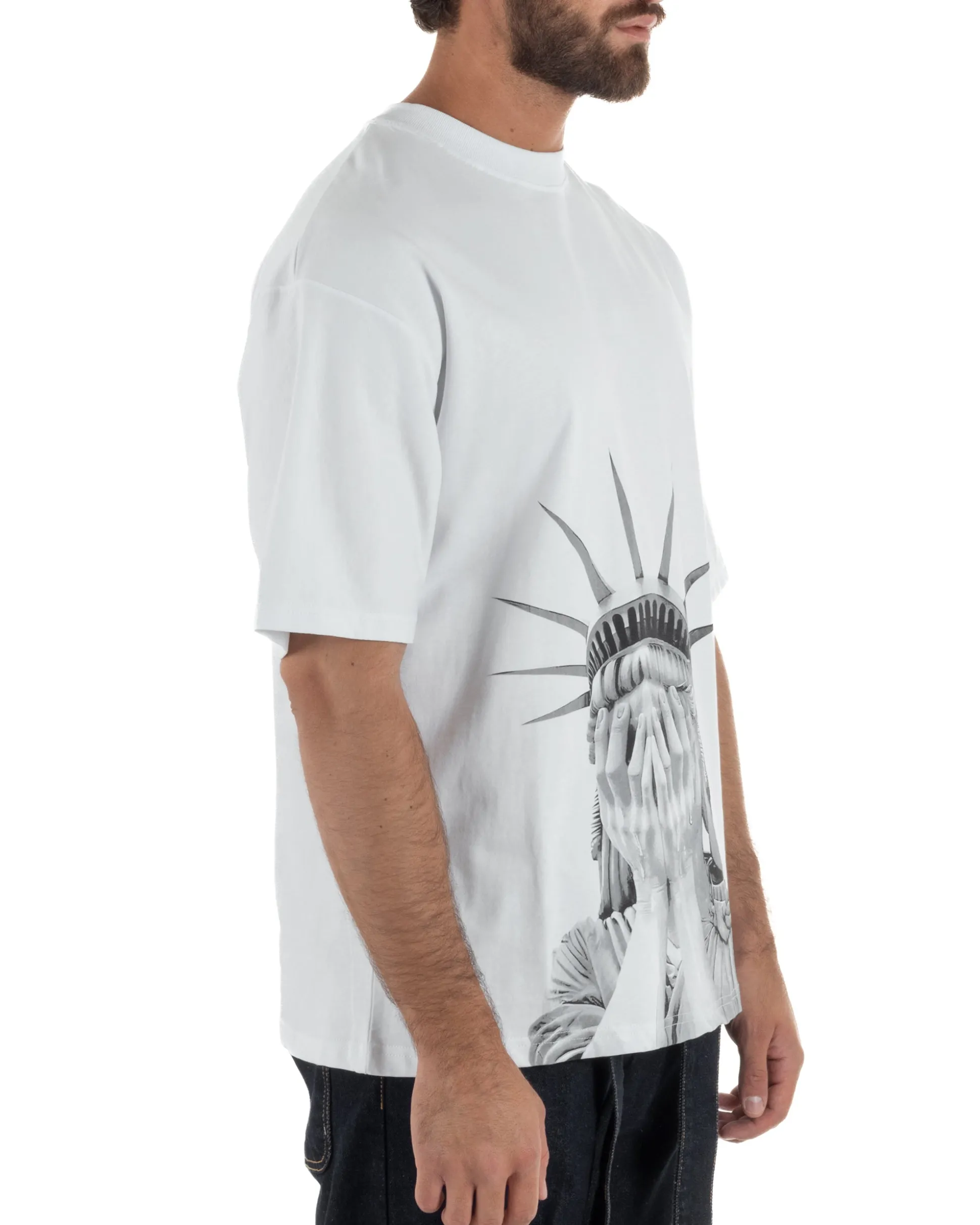 T-shirt uomo girocollo oversize streetwear con stampa bianco GIOSAL-TS3307A