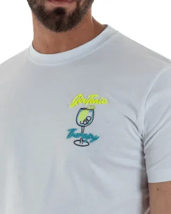T-shirt uomo girocollo ricamo stampa gin tonic basic bianco SUPERCULTURE-A1839