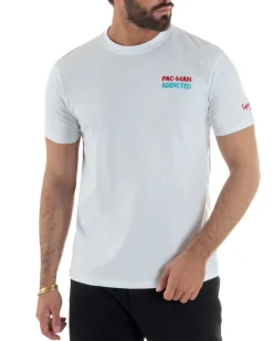T-shirt uomo girocollo ricamo stampa pac man basic bianco SUPERCULTURE-A1981