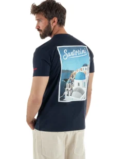T-shirt uomo girocollo ricamo stampa santorini basic blu SUPERCULTURE-A1831